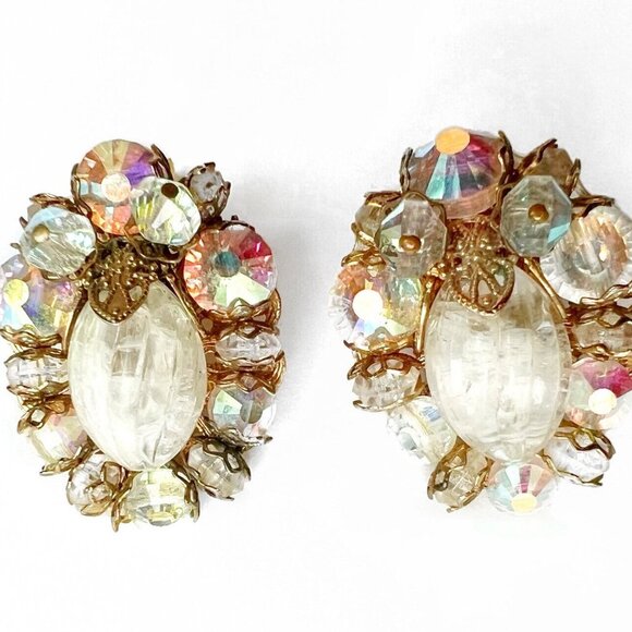 Hobe Vintage Bead Cluster Clip On Earrings Aurora Borealis Swarovski Crystal - Picture 1 of 2